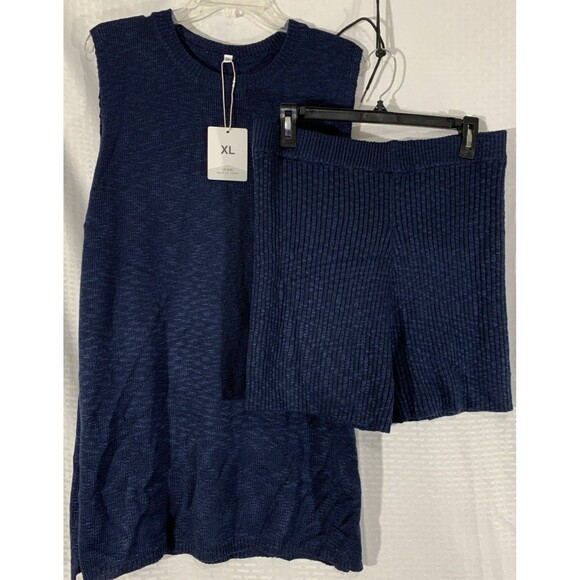 Boutique Short Set Navy Blue Sweater Set Womens XL 2pc Slim Style Nwt Tank Top - Picture 1 of 6